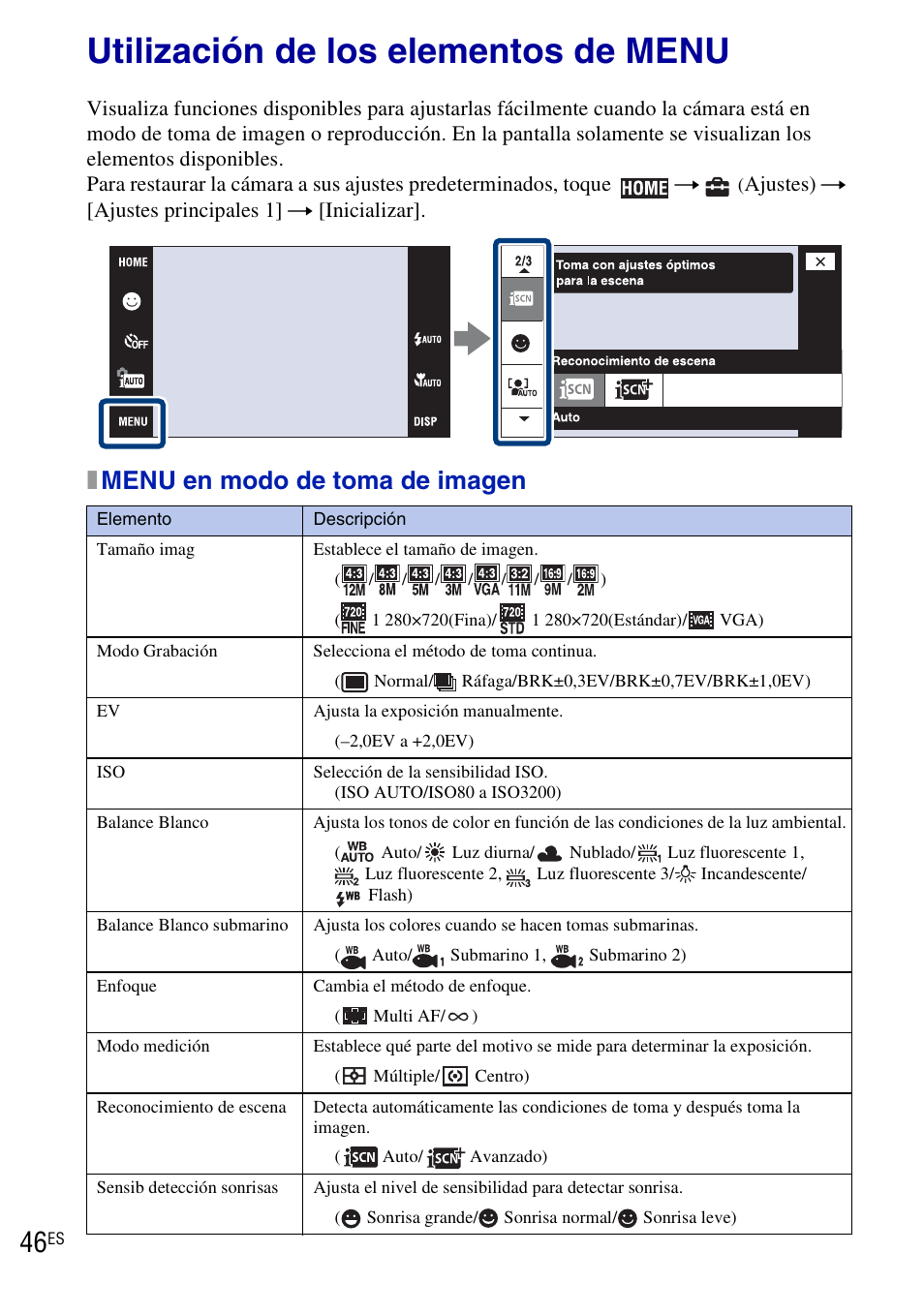 Utilización de los elementos de menu, Xmenu en modo de toma de imagen | Sony DSC-T90 User Manual | Page 104 / 116