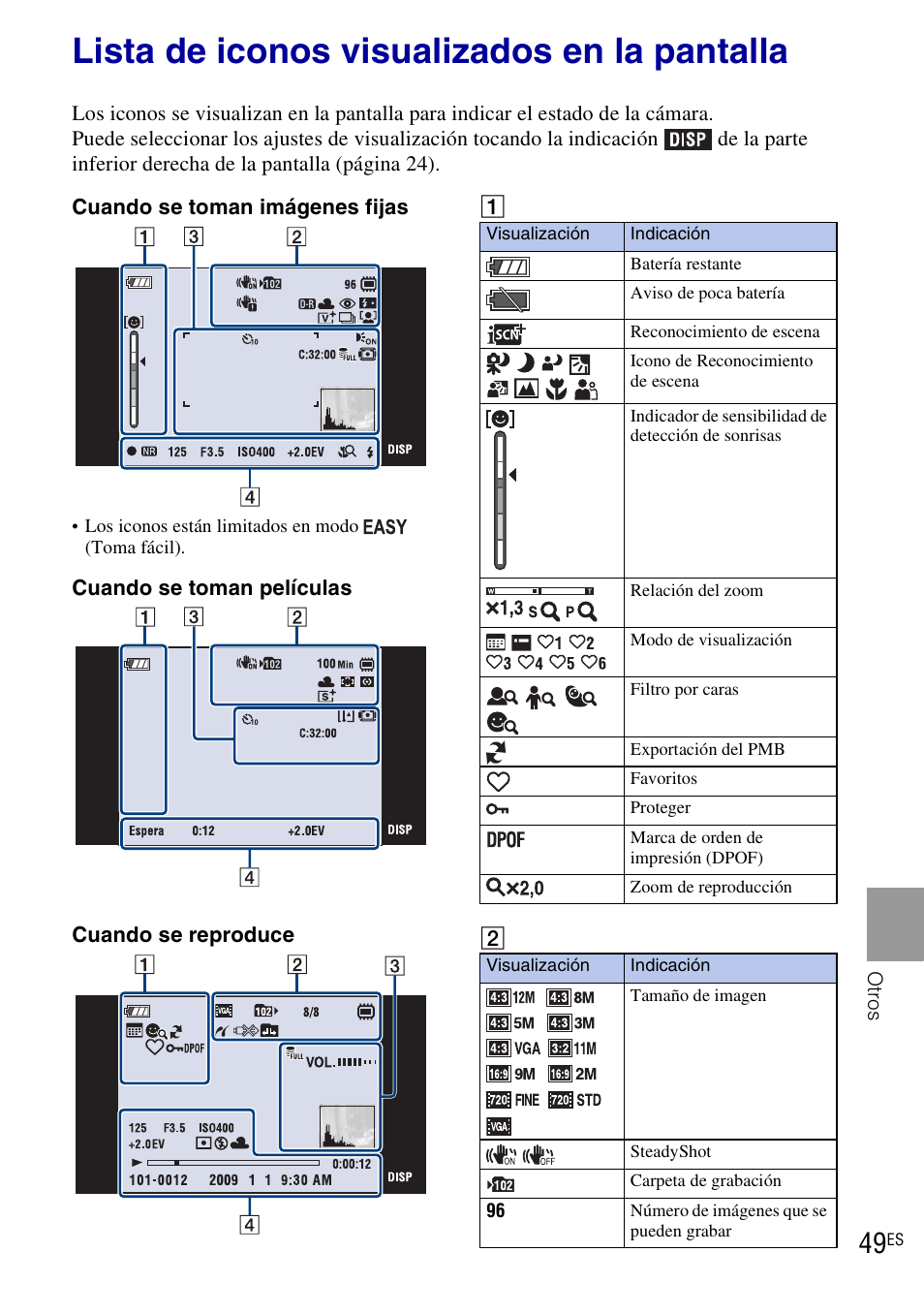 Otros, Lista de iconos visualizados en la pantalla | Sony DSC-T90 User Manual | Page 107 / 116