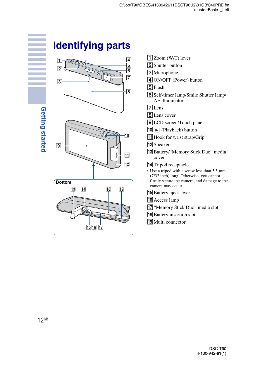 Identifying parts, Getting started | Sony DSC-T90 User Manual | Page 12 / 116