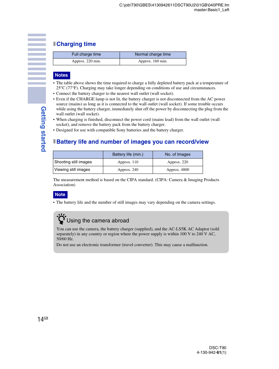Getting started, Xcharging time | Sony DSC-T90 User Manual | Page 14 / 116