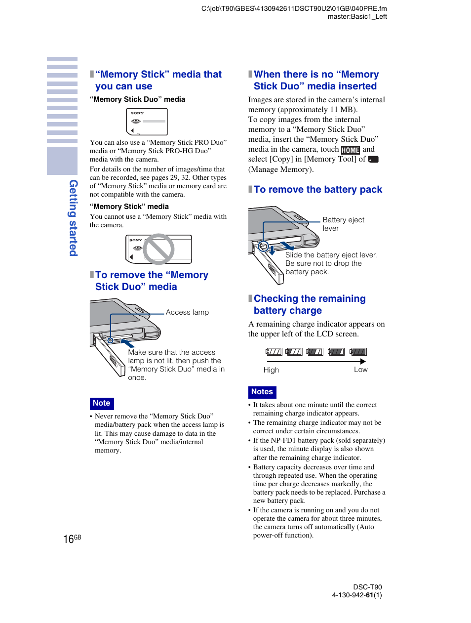 Getting started | Sony DSC-T90 User Manual | Page 16 / 116