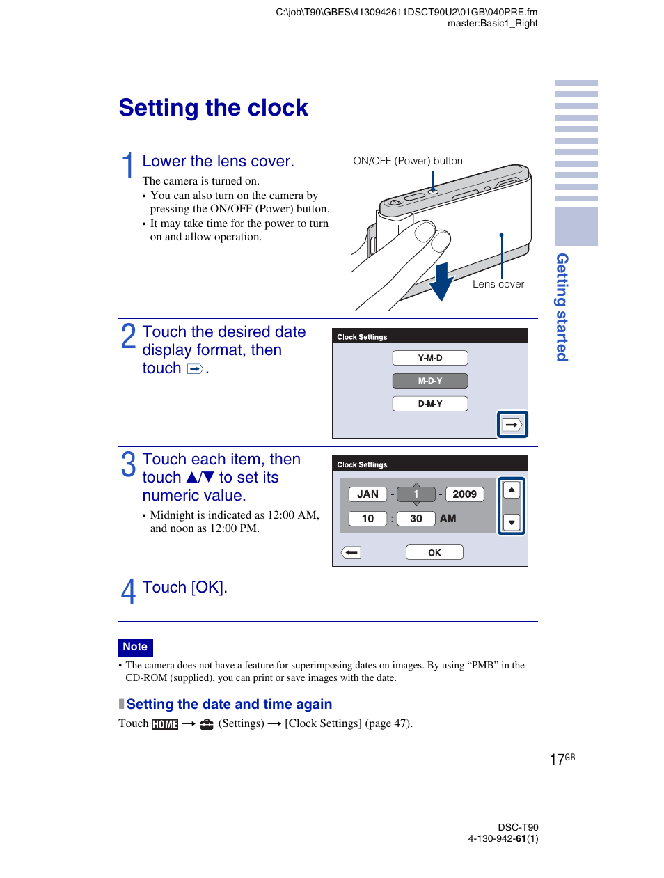 Setting the clock | Sony DSC-T90 User Manual | Page 17 / 116