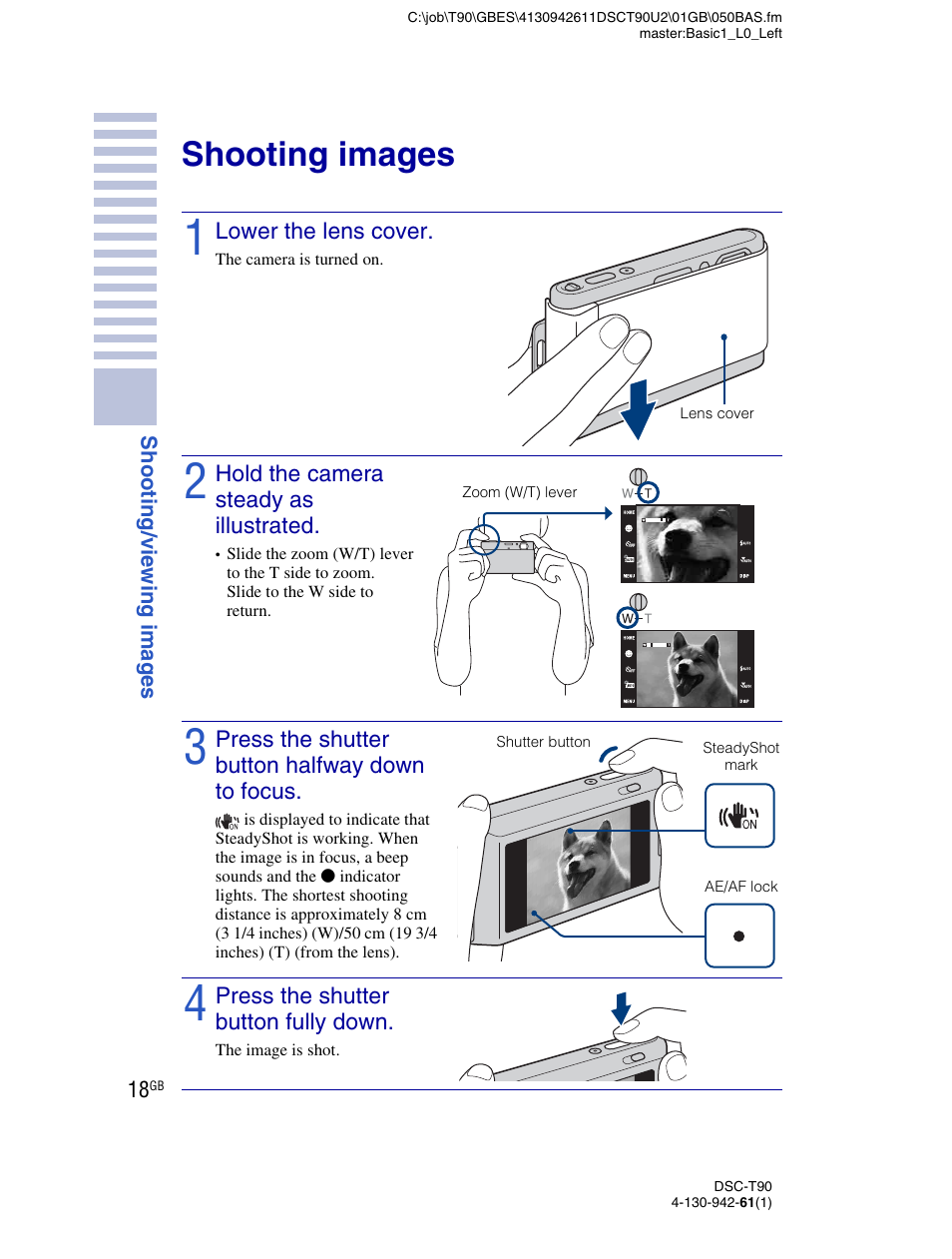 Shooting/viewing images, Shooting images | Sony DSC-T90 User Manual | Page 18 / 116