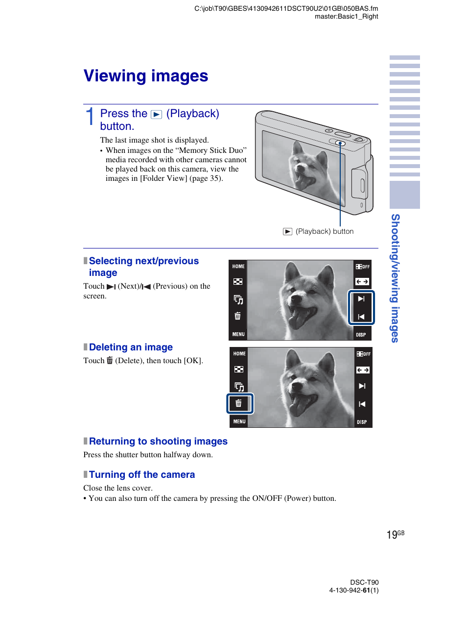 Viewing images | Sony DSC-T90 User Manual | Page 19 / 116