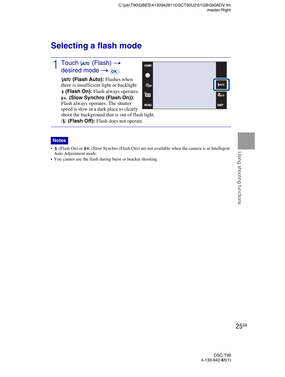 Selecting a flash mode, Touch (flash) t desired mode t | Sony DSC-T90 User Manual | Page 25 / 116