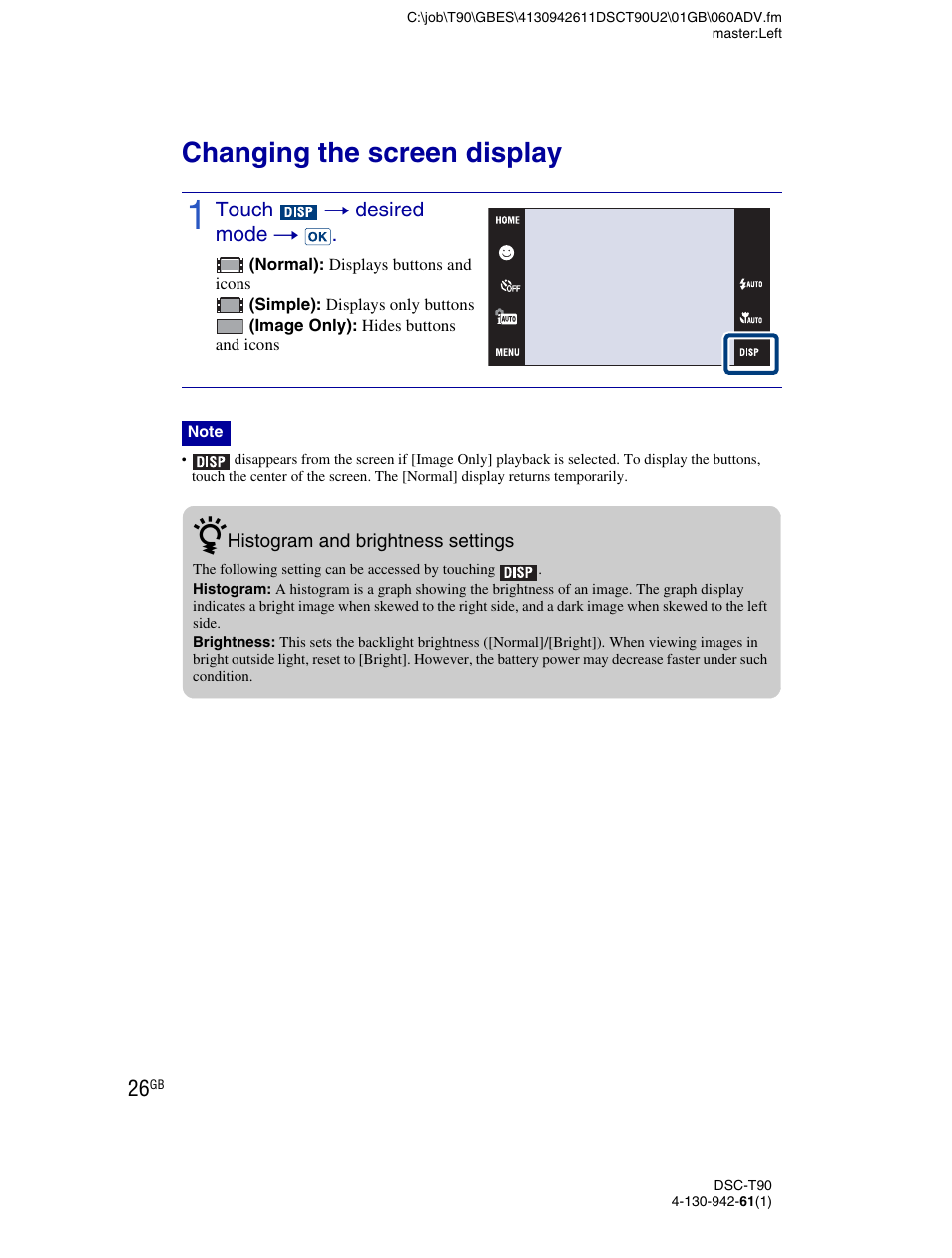 Changing the screen display | Sony DSC-T90 User Manual | Page 26 / 116