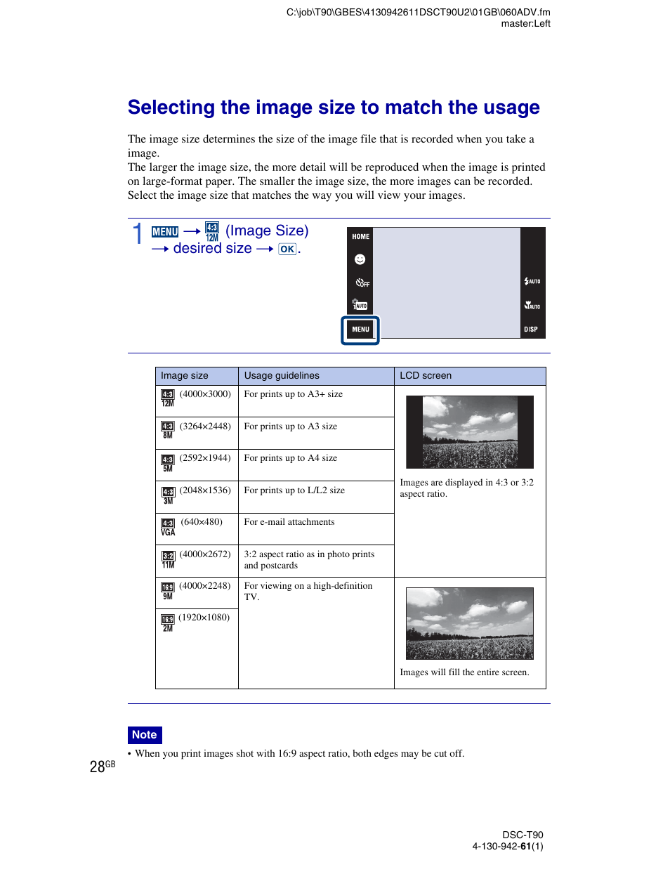 Selecting the image size to match the usage, T (image size) t desired size t | Sony DSC-T90 User Manual | Page 28 / 116