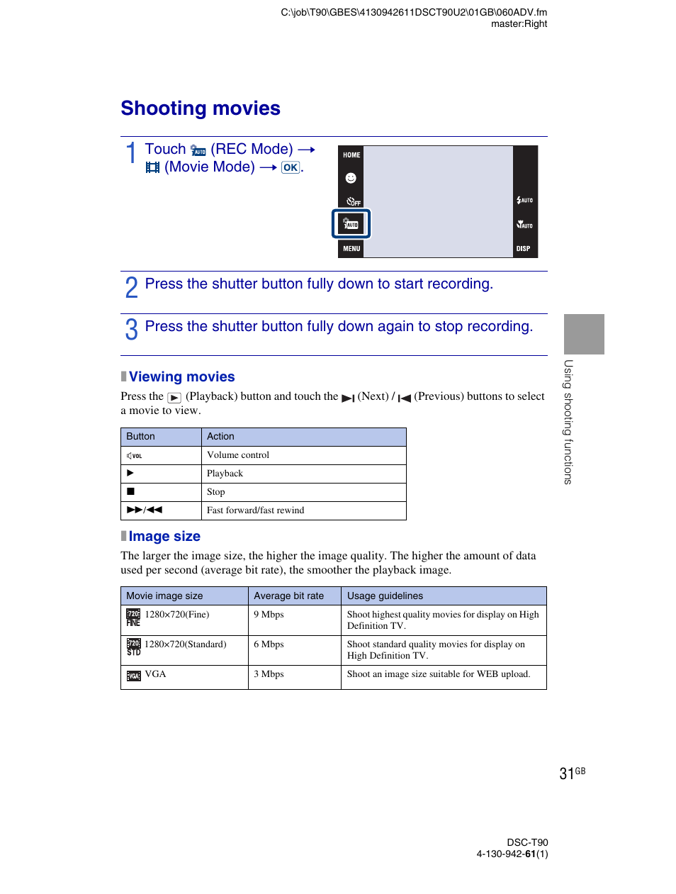 Shooting movies, Touch (rec mode) t (movie mode) t | Sony DSC-T90 User Manual | Page 31 / 116