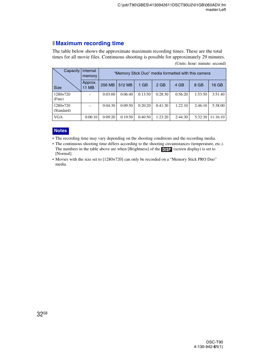 Xmaximum recording time | Sony DSC-T90 User Manual | Page 32 / 116