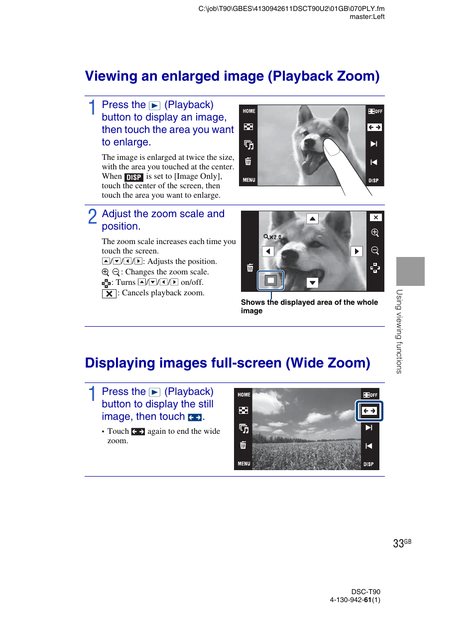 Using viewing functions, Viewing an enlarged image (playback zoom), Displaying images full-screen (wide zoom) | Sony DSC-T90 User Manual | Page 33 / 116