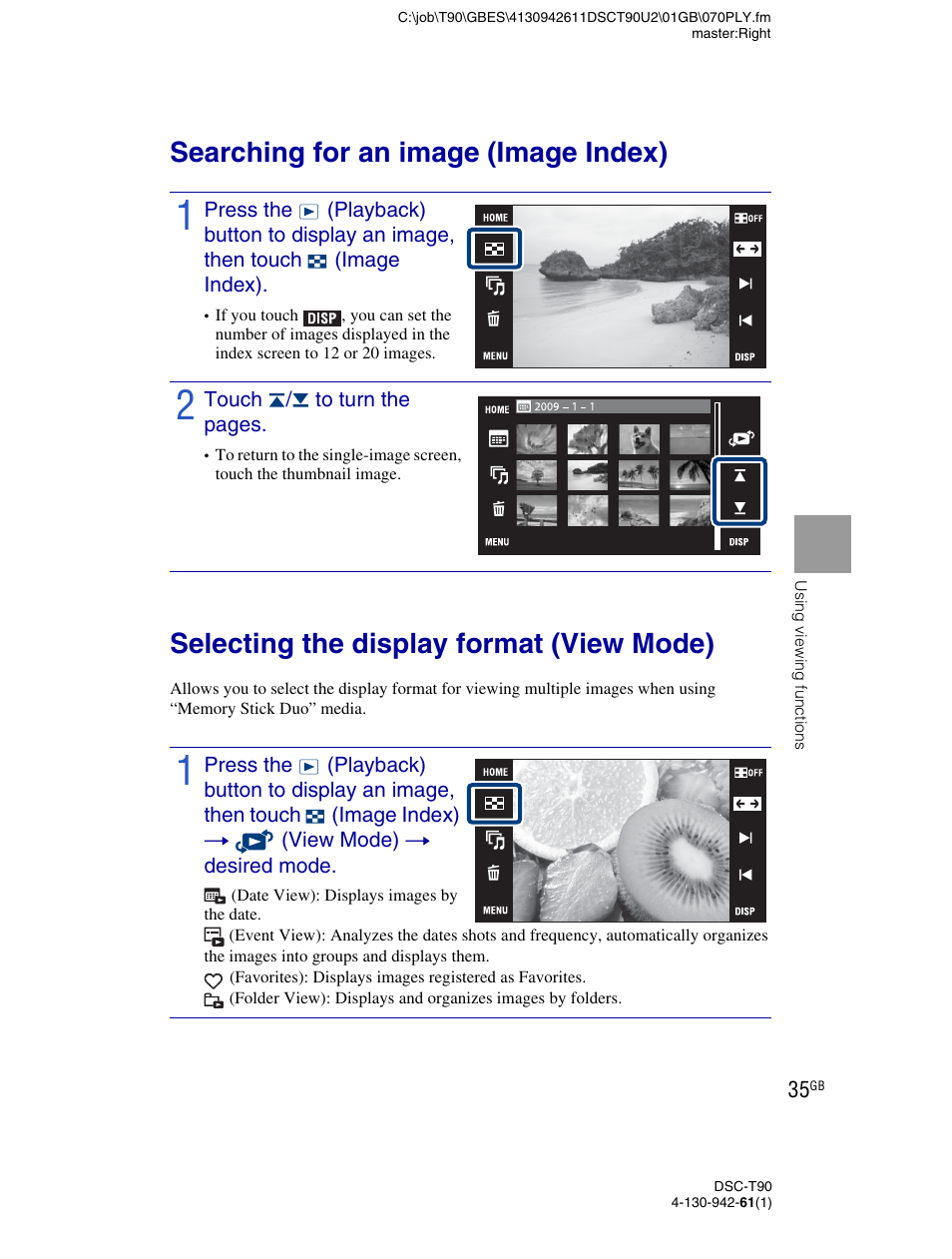 Searching for an image (image index), Selecting the display format (view mode) | Sony DSC-T90 User Manual | Page 35 / 116