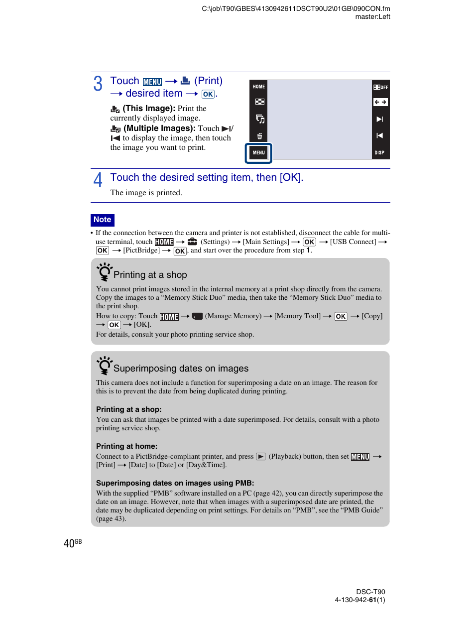 Touch t (print) t desired item t, Touch the desired setting item, then [ok | Sony DSC-T90 User Manual | Page 40 / 116