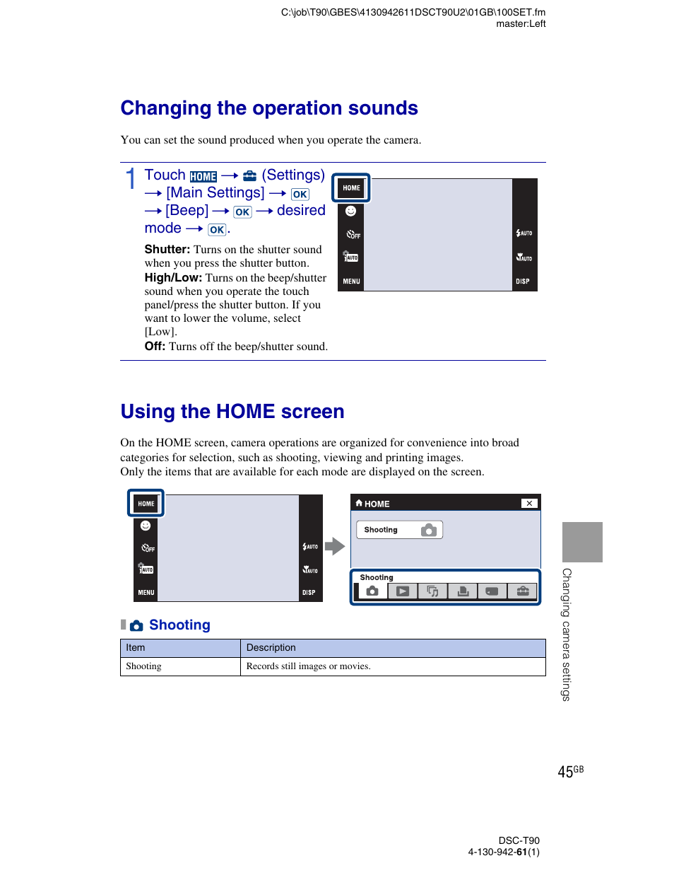 Changing camera settings, Changing the operation sounds, Using the home screen | Sony DSC-T90 User Manual | Page 45 / 116