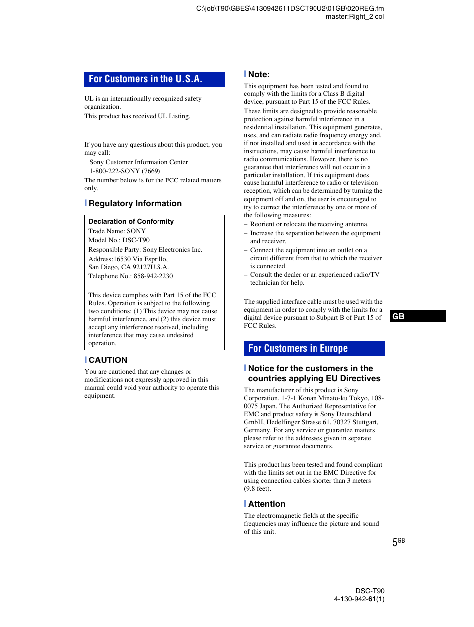 For customers in the u.s.a, For customers in europe | Sony DSC-T90 User Manual | Page 5 / 116