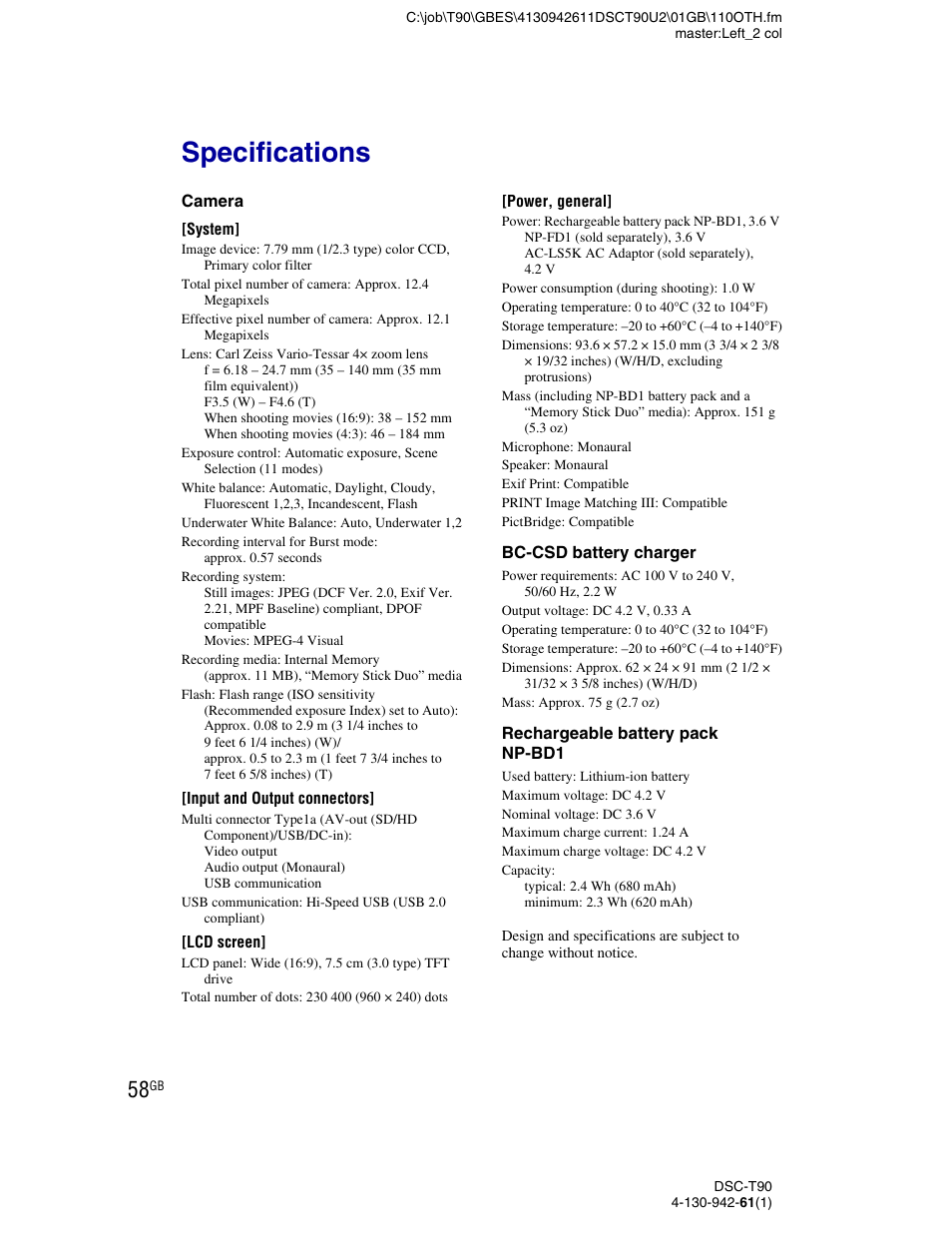 Specifications | Sony DSC-T90 User Manual | Page 58 / 116