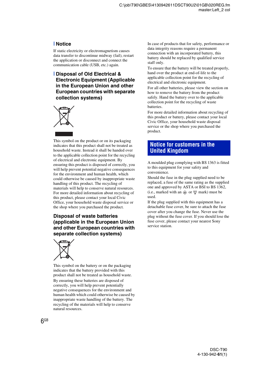 Notice for customers in the united kingdom | Sony DSC-T90 User Manual | Page 6 / 116