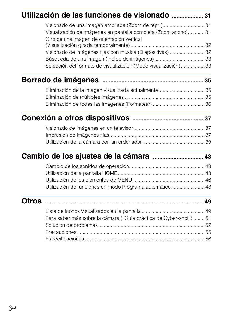 Utilización de las funciones de visionado, Borrado de imágenes, Conexión a otros dispositivos | Cambio de los ajustes de la cámara, Otros | Sony DSC-T90 User Manual | Page 64 / 116