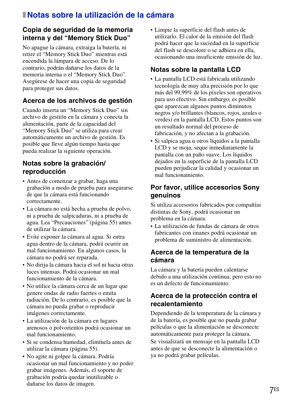 Notas sobre la utilización de la cámara, Xnotas sobre la utilización de la cámara | Sony DSC-T90 User Manual | Page 65 / 116