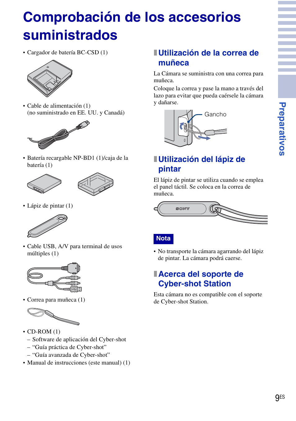 Preparativos, Comprobación de los accesorios suministrados, Pr eparat ivo s 9 | Sony DSC-T90 User Manual | Page 67 / 116