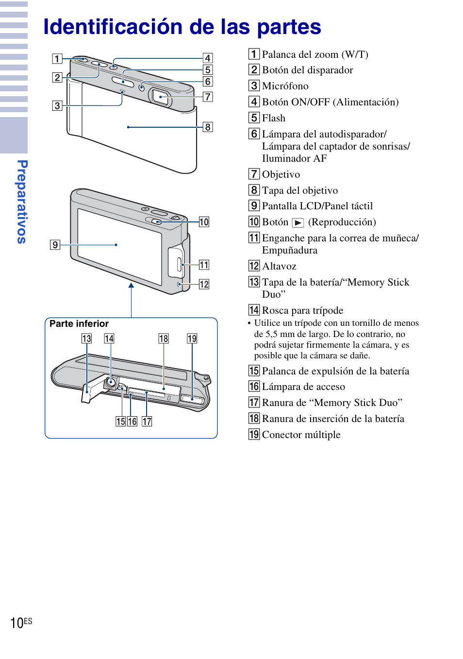 Identificación de las partes, Pr eparat ivo s | Sony DSC-T90 User Manual | Page 68 / 116