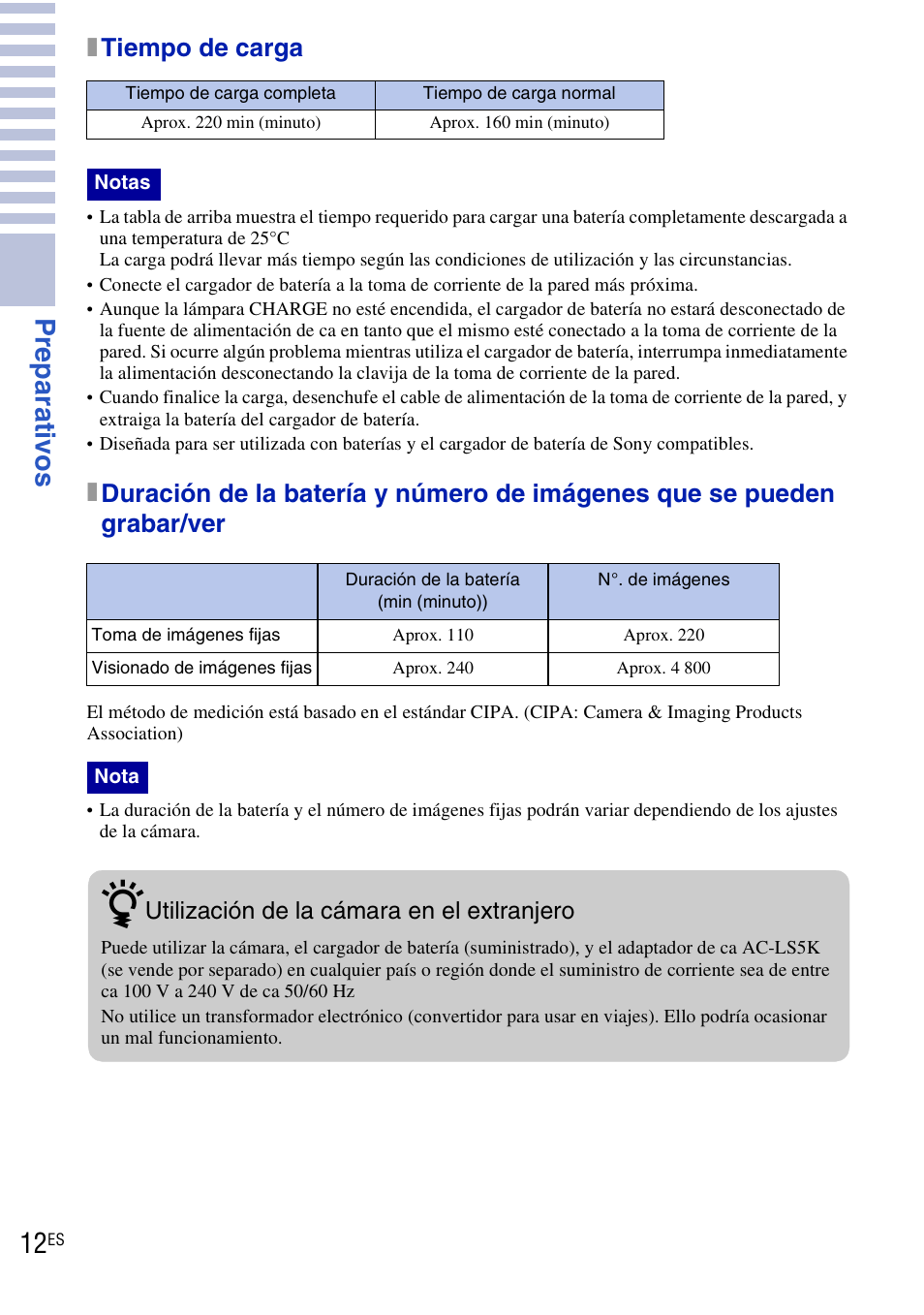 Pr eparat ivo s, Xtiempo de carga | Sony DSC-T90 User Manual | Page 70 / 116