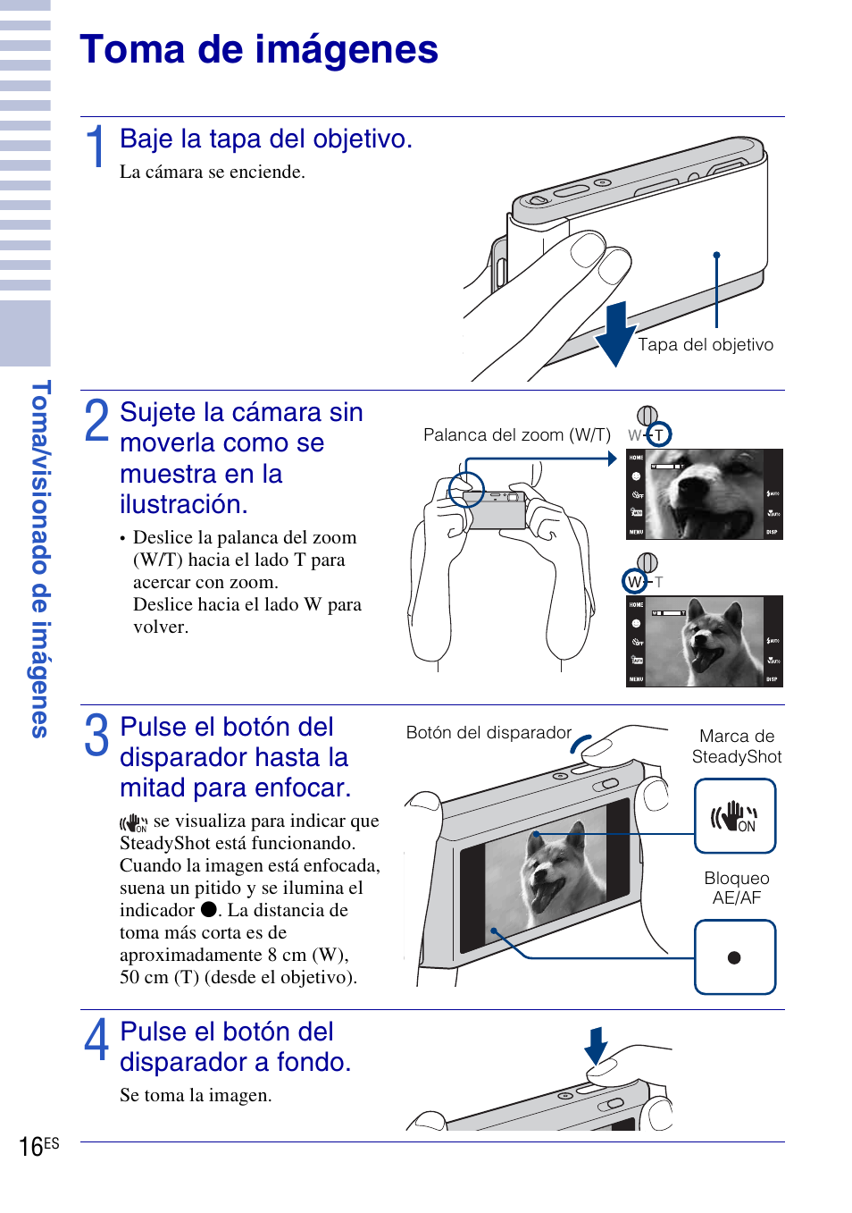 Toma/visionado de imágenes, Toma de imágenes | Sony DSC-T90 User Manual | Page 74 / 116