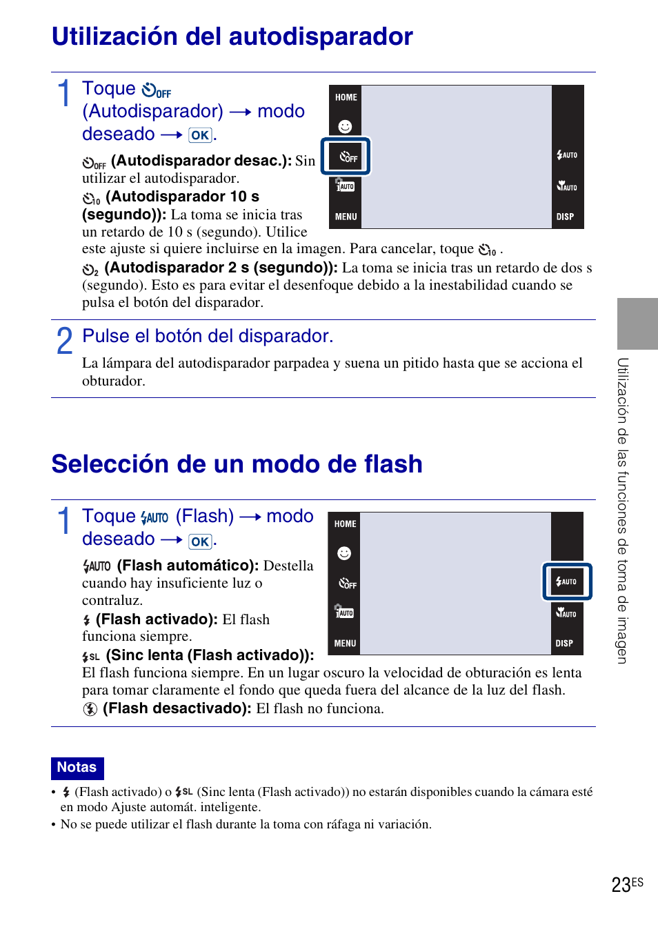 Utilización del autodisparador, Selección de un modo de flash | Sony DSC-T90 User Manual | Page 81 / 116