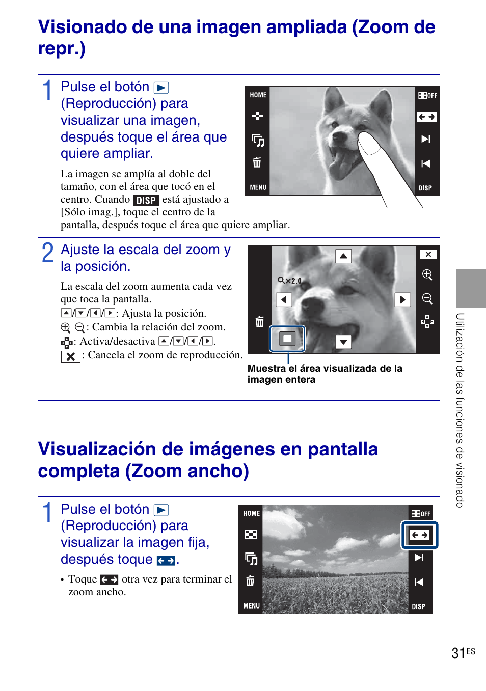 Utilización de las funciones de visionado, Visionado de una imagen ampliada (zoom de repr.) | Sony DSC-T90 User Manual | Page 89 / 116