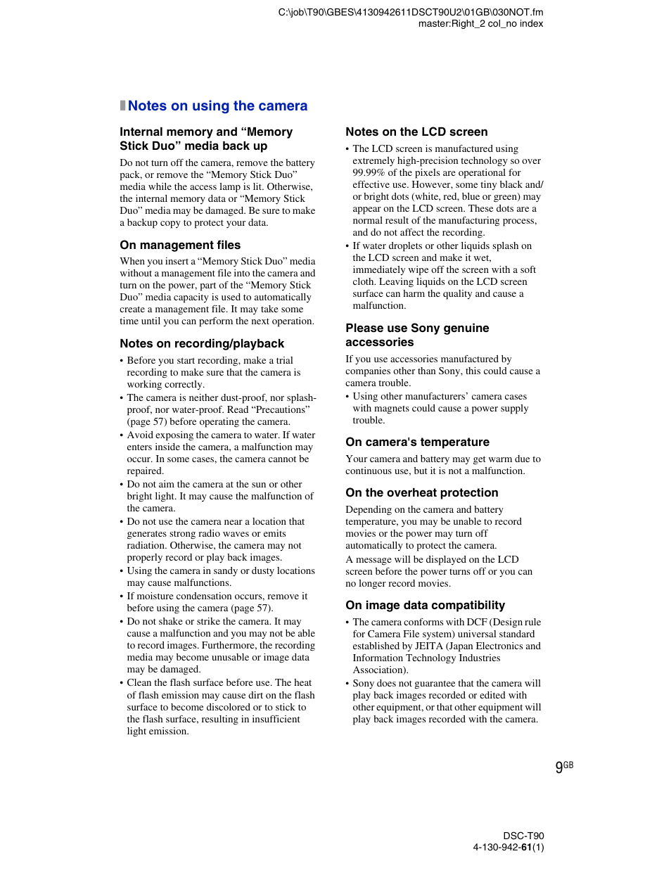 Notes on using the camera | Sony DSC-T90 User Manual | Page 9 / 116