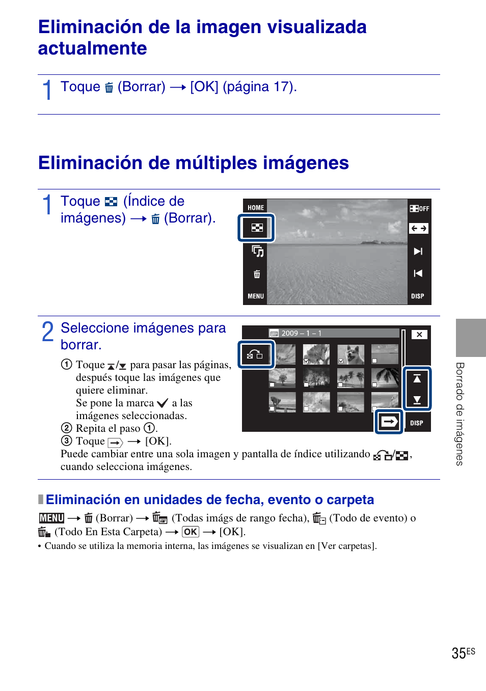 Borrado de imágenes, Eliminación de la imagen visualizada actualmente, Eliminación de múltiples imágenes | Sony DSC-T90 User Manual | Page 93 / 116