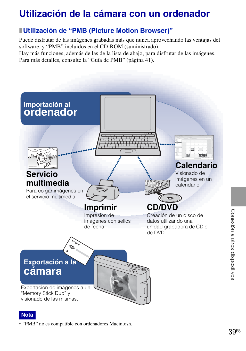 Utilización de la cámara con un ordenador, Cámara, Ordenador | Servicio multimedia, Imprimir, Cd/dvd, Calendario | Sony DSC-T90 User Manual | Page 97 / 116