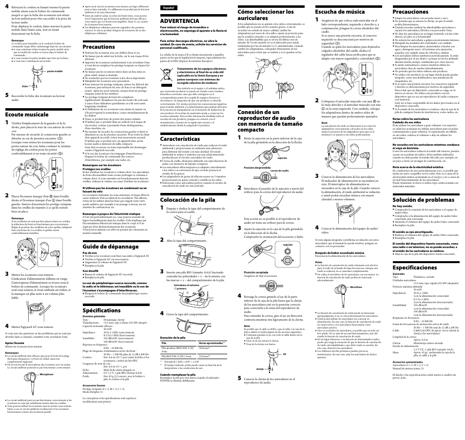 Ecoute musicale 1, Precautions, Guide de dépannage | Spécifications, Advertencia, Características, Colocación de la pila 1, Cómo seleccionar los auriculares, Escucha de música 1, Precauciones | Sony MDR-NC32NX User Manual | Page 2 / 2