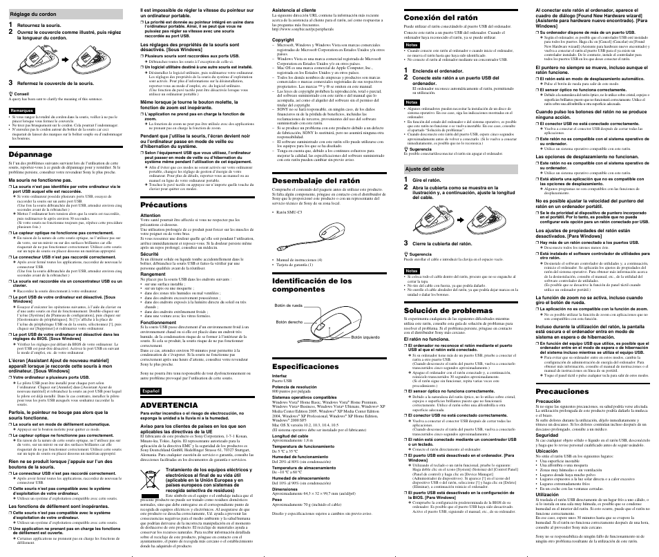 Précautions, Advertencia, Desembalaje del ratón | Identificación de los componentes especificaciones, Conexión del ratón, Solución de problemas, Precauciones, Dépannage | Sony SMU-C3 User Manual | Page 2 / 2