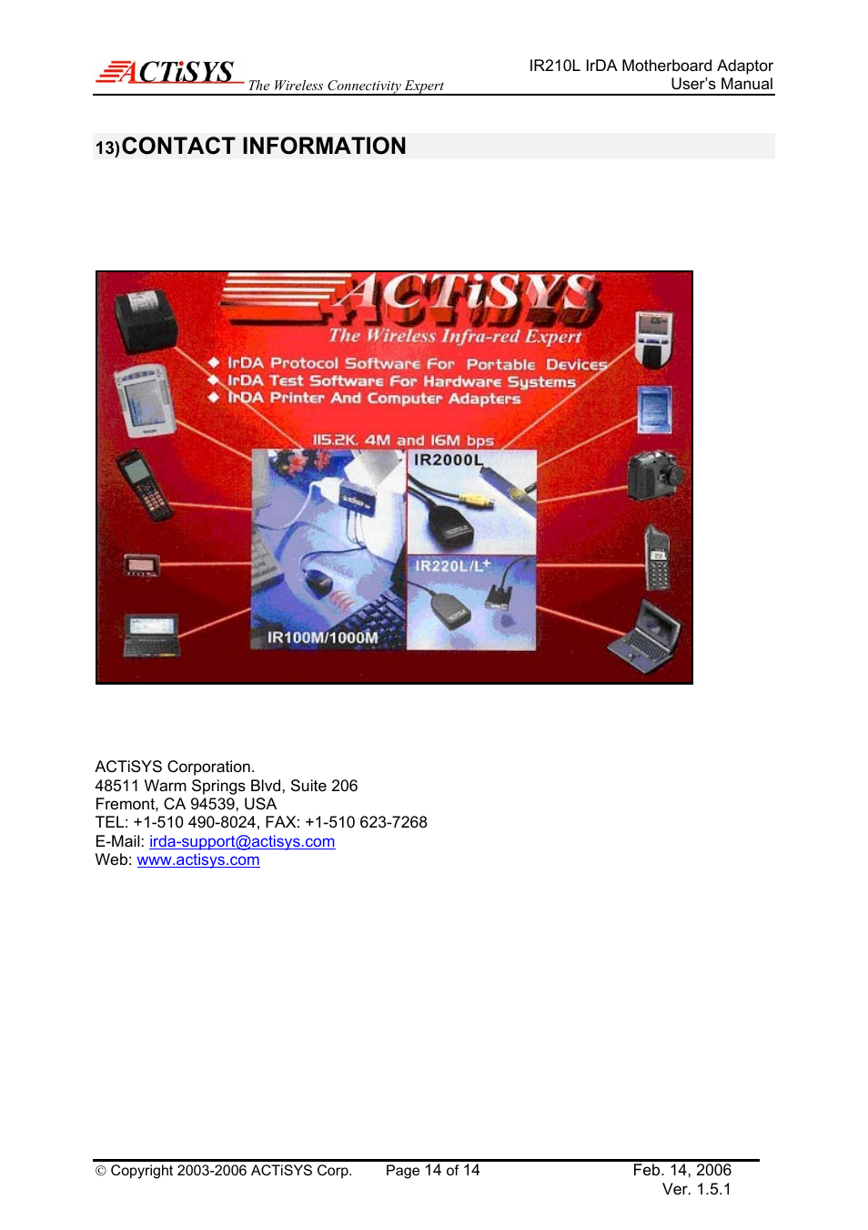 Contact information | ACTiSYS ACT-IR210L User Manual | Page 14 / 14
