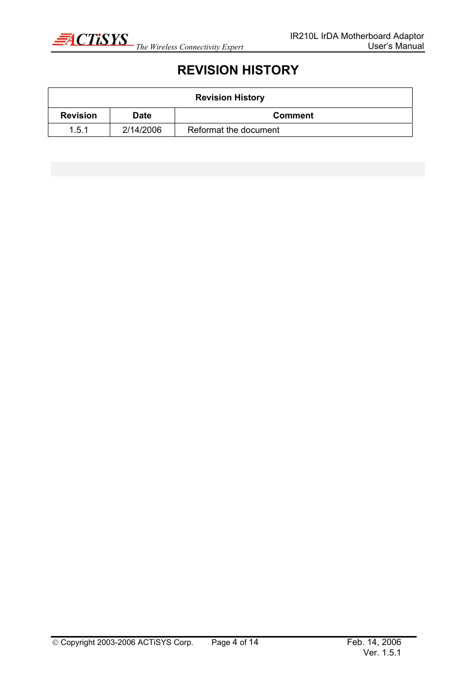 Revision history, Revision, History | ACTiSYS ACT-IR210L User Manual | Page 4 / 14