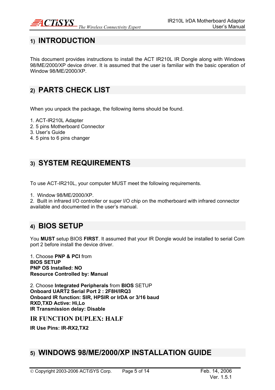 Introduction, Parts check list, System requirements | Bios setup, Windows 98/me/2000/xp installation guide | ACTiSYS ACT-IR210L User Manual | Page 5 / 14