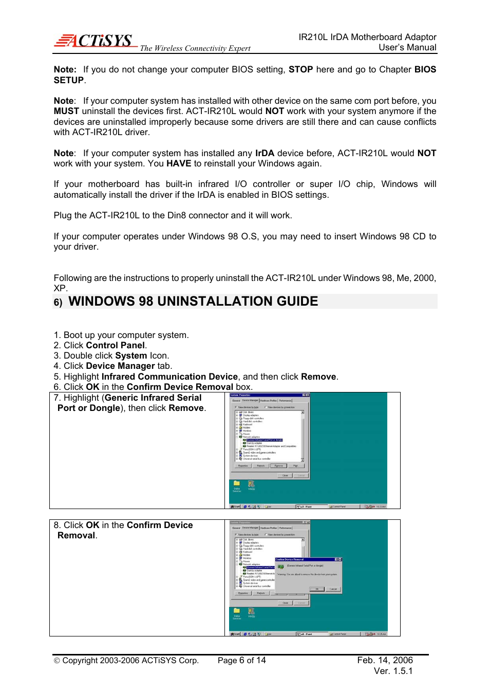 Windows 98 uninstallation guide | ACTiSYS ACT-IR210L User Manual | Page 6 / 14