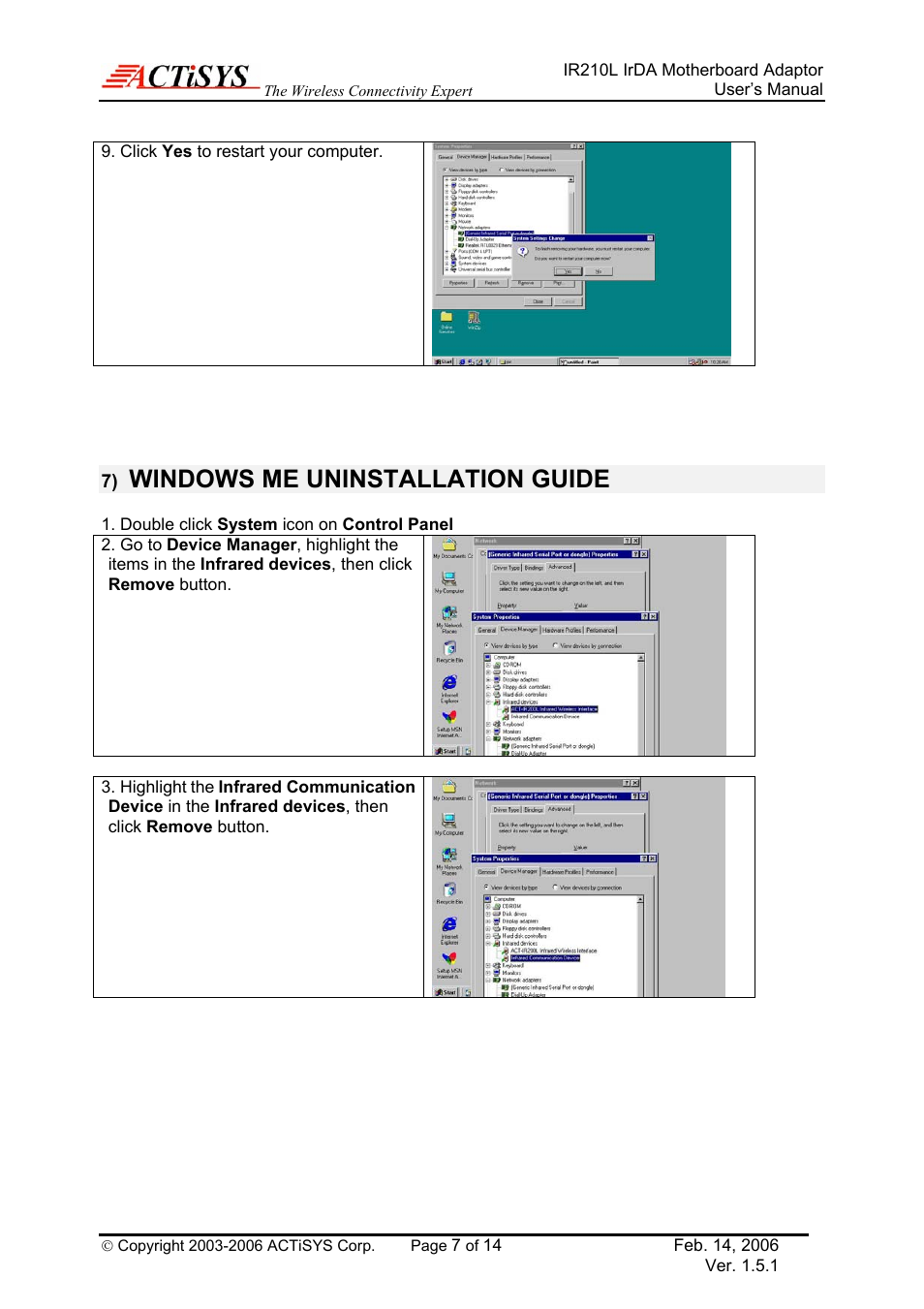 Windows me uninstallation guide | ACTiSYS ACT-IR210L User Manual | Page 7 / 14