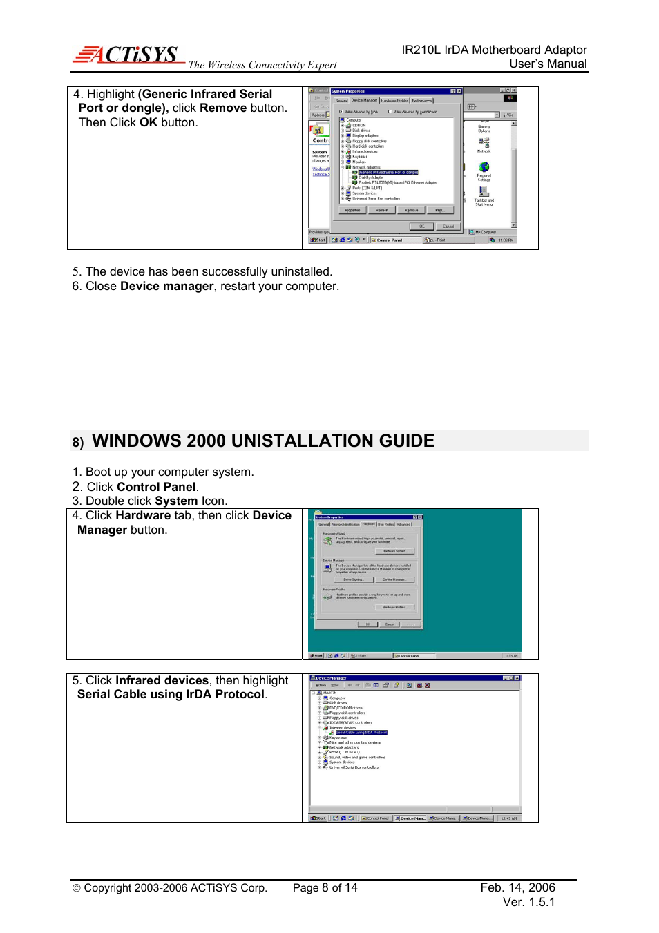 Windows 2000 unistallation guide | ACTiSYS ACT-IR210L User Manual | Page 8 / 14