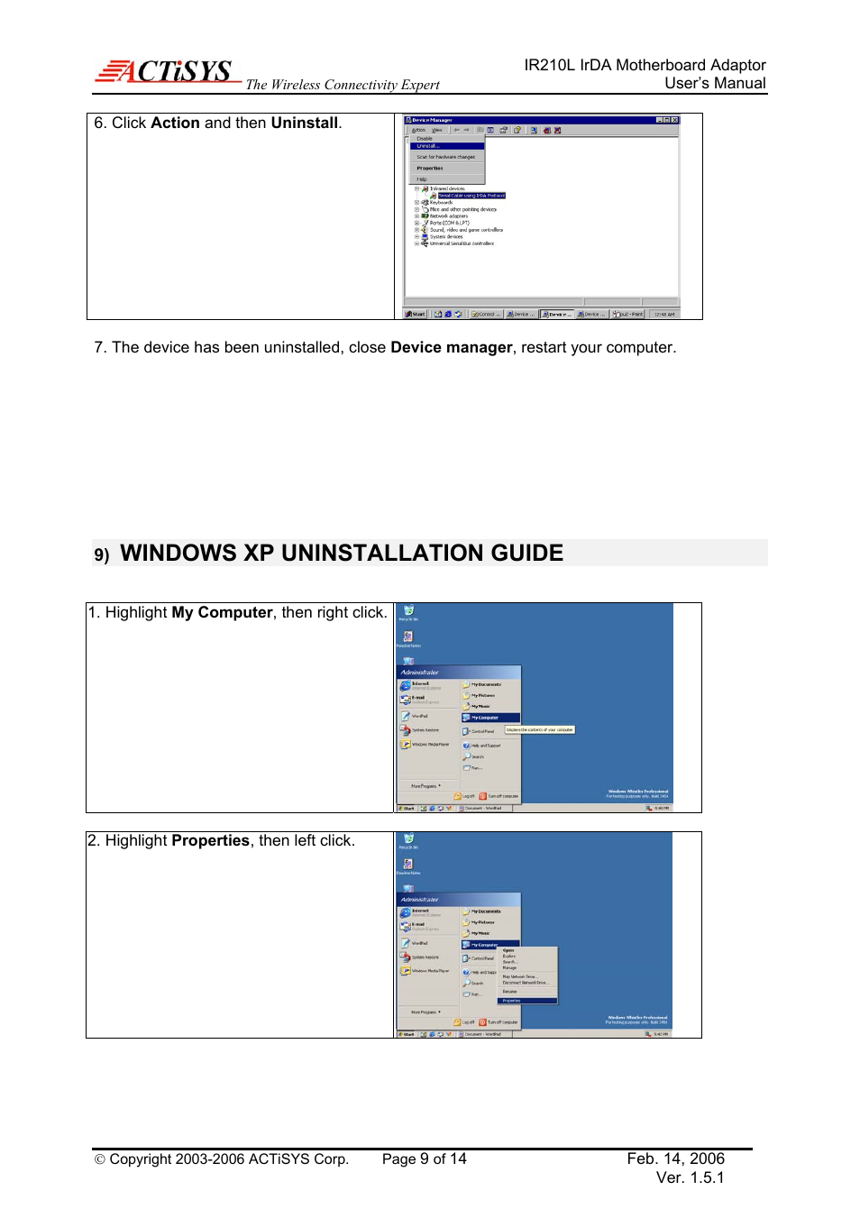 Windows xp uninstallation guide | ACTiSYS ACT-IR210L User Manual | Page 9 / 14