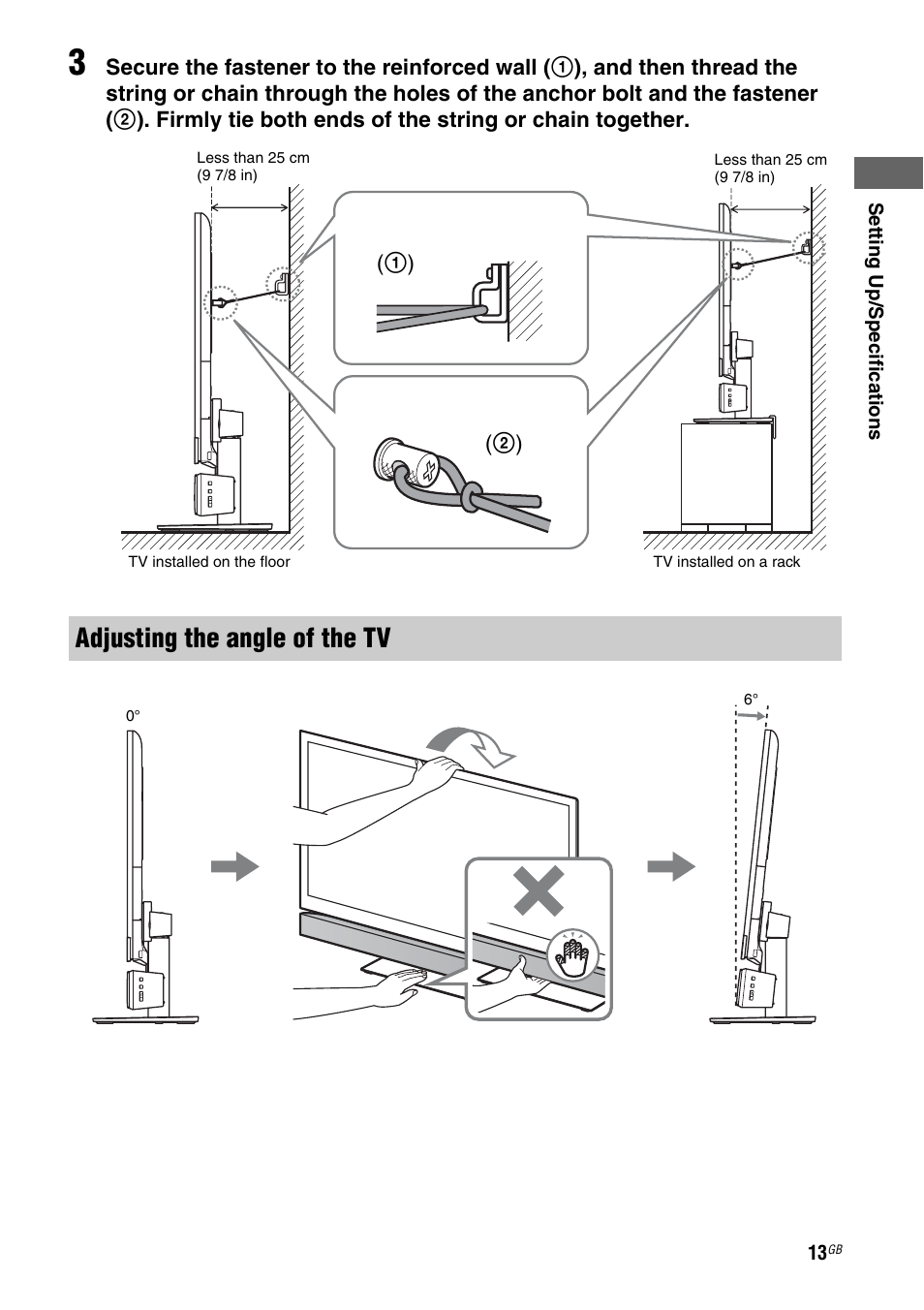 Adjusting the angle of the tv | Sony WS-32SE1B User Manual | Page 13 / 44