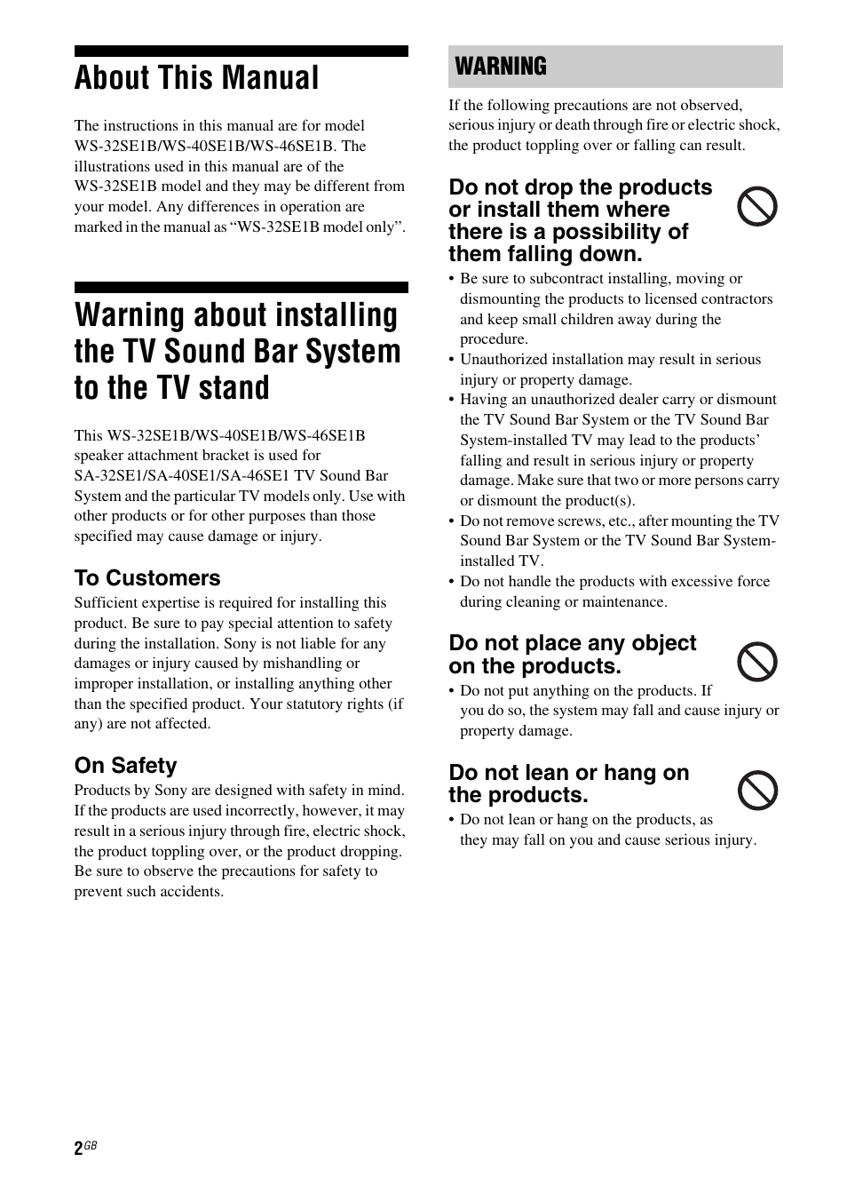 About this manual, Warning, On safety | Do not place any object on the products, Do not lean or hang on the products | Sony WS-32SE1B User Manual | Page 2 / 44