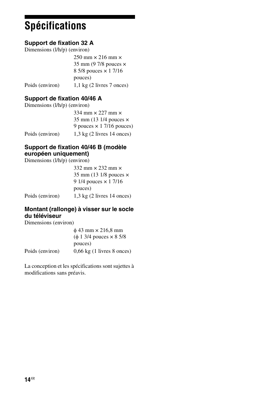 Spécifications | Sony WS-32SE1B User Manual | Page 28 / 44