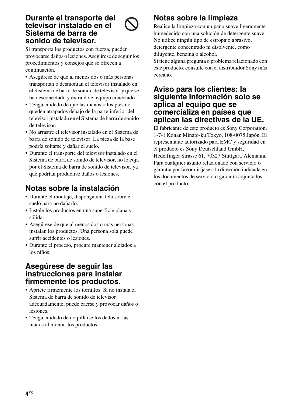 Notas sobre la instalación, Notas sobre la limpieza | Sony WS-32SE1B User Manual | Page 32 / 44