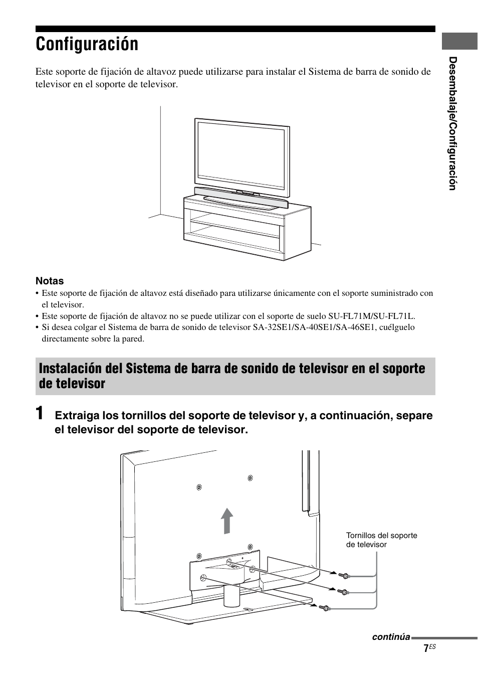 Configuración, Instalación del sistema de barra de, Sonido de televisor en el soporte de televisor | Sony WS-32SE1B User Manual | Page 35 / 44