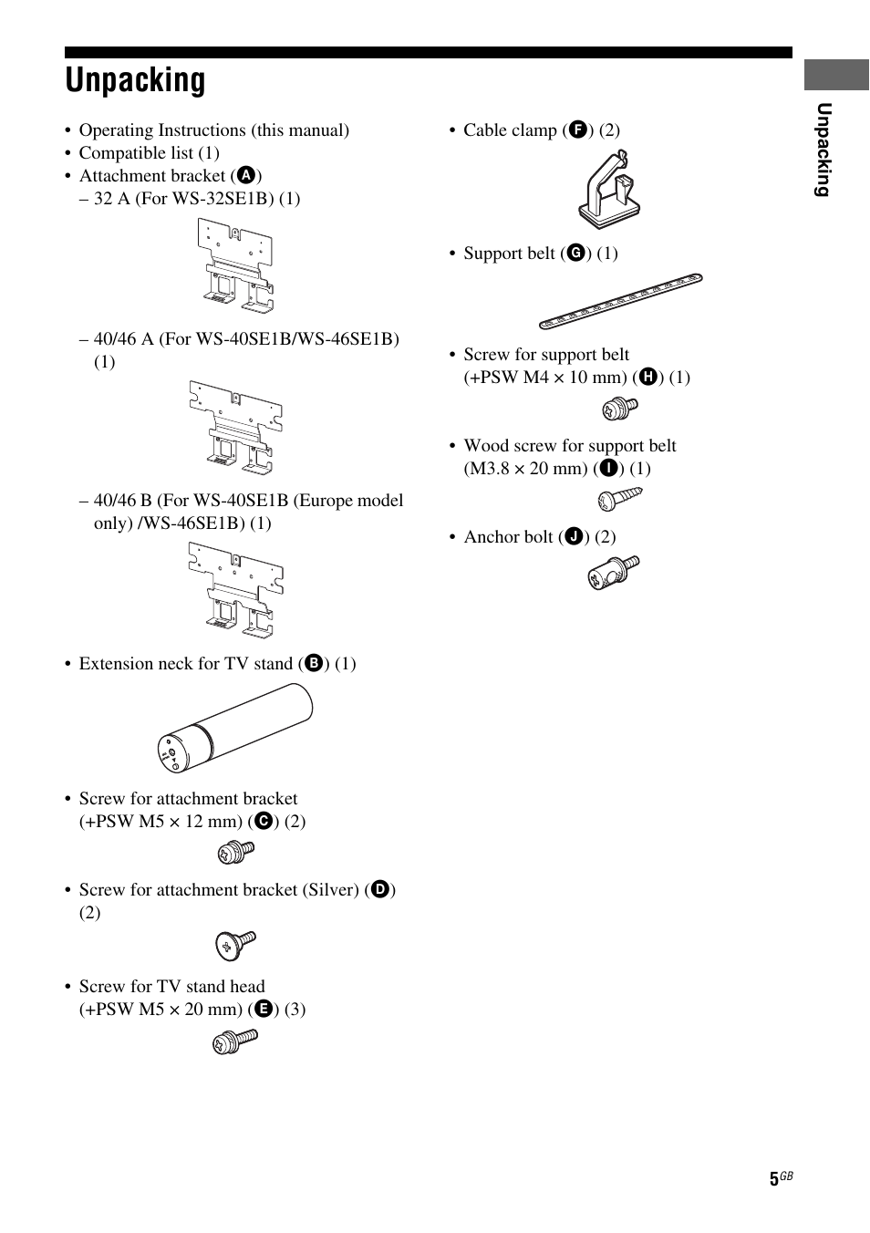 Unpacking | Sony WS-32SE1B User Manual | Page 5 / 44