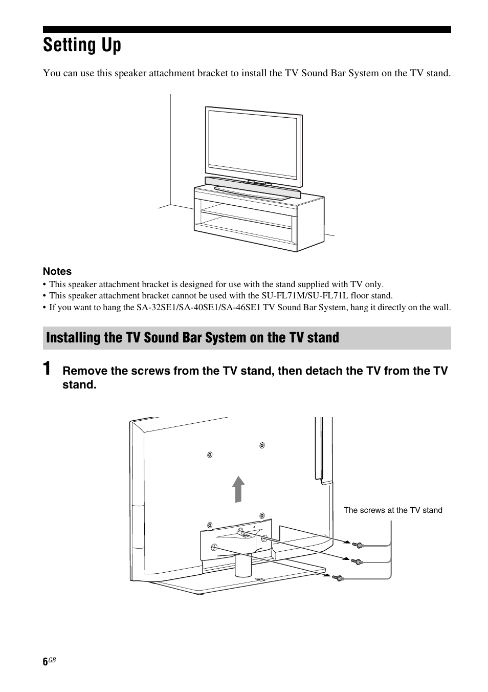 Setting up, Installing the tv sound bar system, On the tv stand | Installing the tv sound bar system on the tv stand | Sony WS-32SE1B User Manual | Page 6 / 44