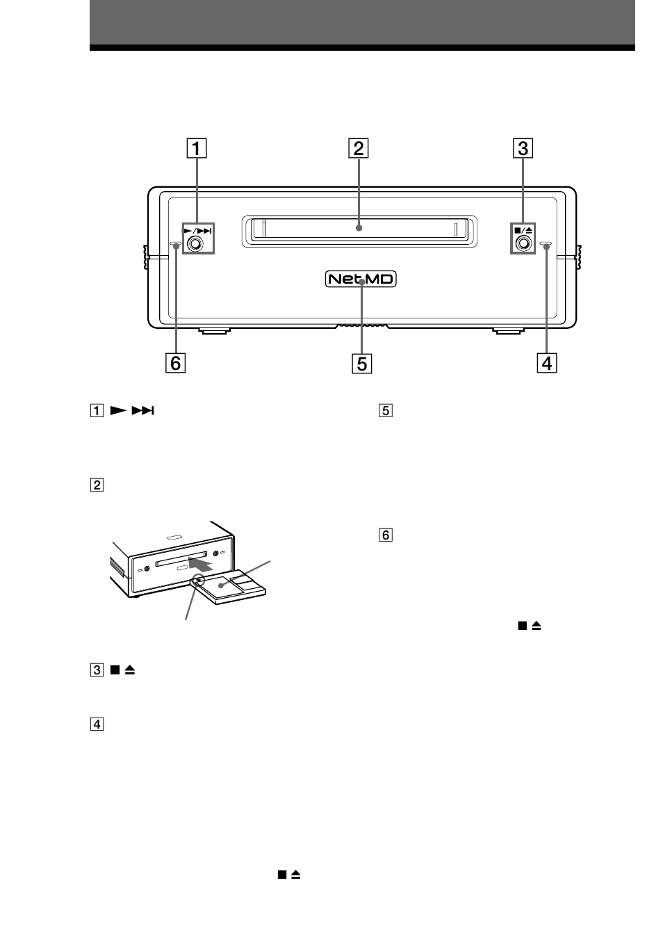 Location and function of parts, Front panel parts description | Sony MDS-NT1 User Manual | Page 4 / 48