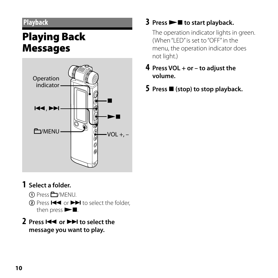Playback, Playing back messages | Sony ICD-SX700 User Manual | Page 10 / 56
