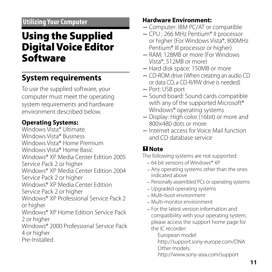 Utilizing your computer, Using the supplied digital voice editor software, Using the supplied digital voice editor | Software, System requirements | Sony ICD-SX700 User Manual | Page 11 / 56